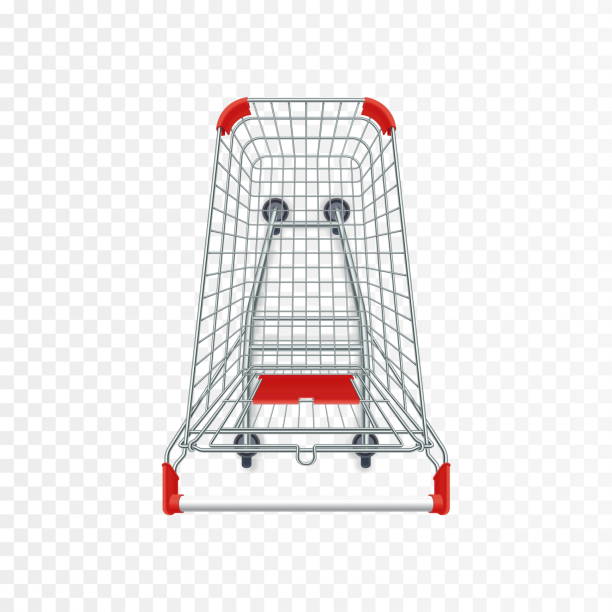 Red supermarket shopping cart. 3d top view vector illustration. Photo realistic empty basket for food products. Red supermarket shopping cart. 3d top view vector illustration. Photo realistic empty basket for food products. Customers market trolley mockup. Single object isolated on white. Mall equipment cart illustrations stock illustrations