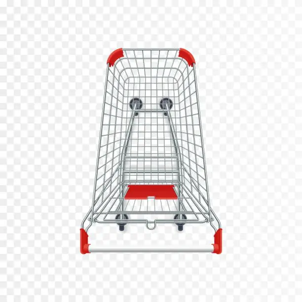Vector illustration of Red supermarket shopping cart. 3d top view vector illustration. Photo realistic empty basket for food products.
