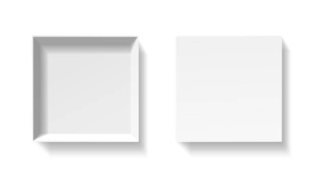 Open white pack box. Empty cardboard container template. 3d top view. Blank space inside pakage mockup. Closeup realistic vector object. Open square pack box. Empty cardboard container template. 3d top view illustration with transporented shadow isolated on white. Blank space inside pakage mockup. Closeup realistic vector object. print ad mockup stock illustrations