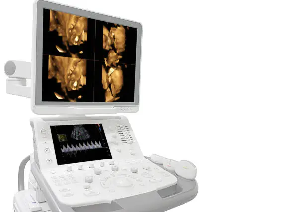 Photo of Medical ultrasound machine with linear probes in a hospital diagnostic room. Modern medical equipment, preventional medicine and healthcare concept.