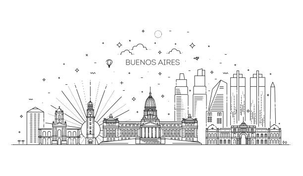 illustrations, cliparts, dessins animés et icônes de horizon de buenos aires, argentine. illustration de vecteur à la mode, modèle linéaire - argentina