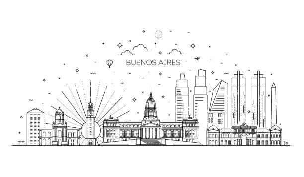 illustrazioni stock, clip art, cartoni animati e icone di tendenza di skyline di buenos aires, argentina. illustrazione vettoriale di tendenza, stile lineare - argentina