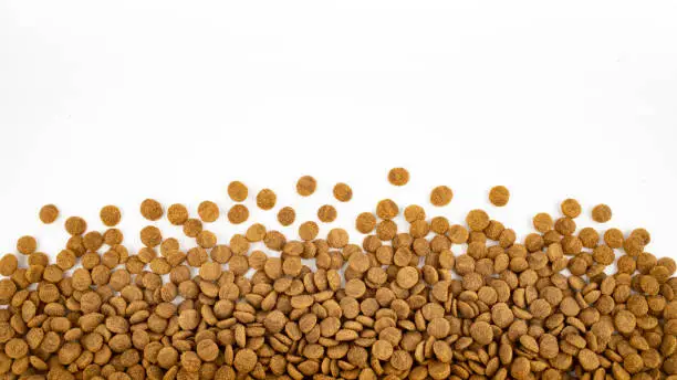 Dry food for pets like cats or dogs on white