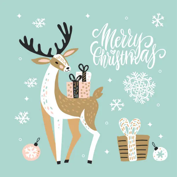 Vector illustration of Cute Christmas greeting card, invitation with reindeer and gift boxes. Hand drawn design with brush lettering. Vector illustration background.