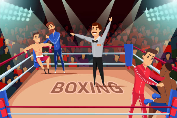 Professional boxing match flat vector illustration Professional boxing match flat vector illustration. Boxers, referee and trainers cartoon characters. Caucasian and african american fighters in corners. Sports competition, championship fight boxing referee stock illustrations