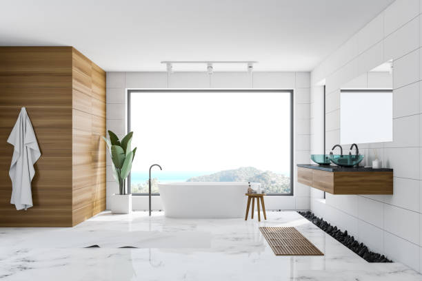 istock White and wooden panoramic bathroom 1178134118