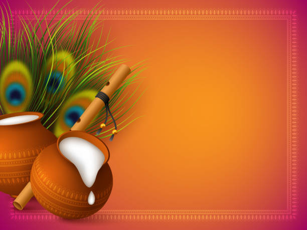 Happy Krishna Janmashtami background. Happy Krishna Janmashtami background with pots, bansuri and peacock feathers. Copy space. Religious Hindu festival vector illustration of Lord Krishna. mahabharata stock illustrations