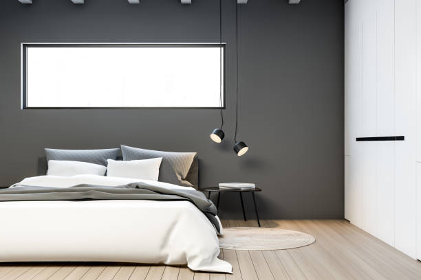 istock Interior of gray master bedroom with wardrobe 1178137014