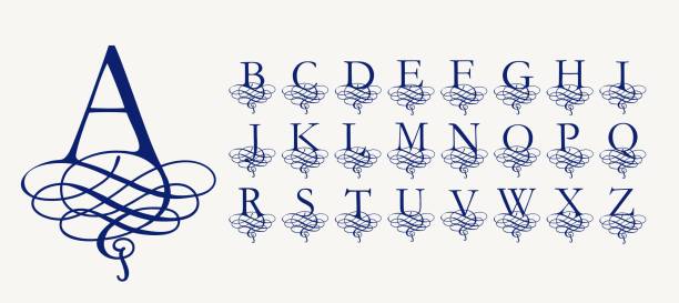 vintage vektor-set. kalligraphische großbuchstaben mit locken, stilisierte arabische strick für monogramme und logos. schöne filigrane schriftart. barockstil. - baroque tattoo stock-grafiken, -clipart, -cartoons und -symbole
