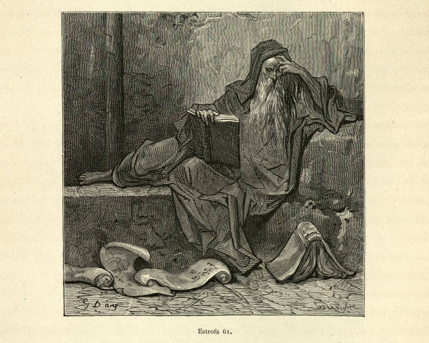 Merlin reading books on magic. Orlando Furioso Vintage illustration from the story Orlando Furioso. Merlin reading books on magic. Orlando Furioso (The Frenzy of Orlando) an Italian epic poem by Ludovico Ariosto, illustrated by Gustave Dore. The story is also a chivalric romance which stemmed from a tradition beginning in the late Middle Ages. merlin the wizard stock illustrations
