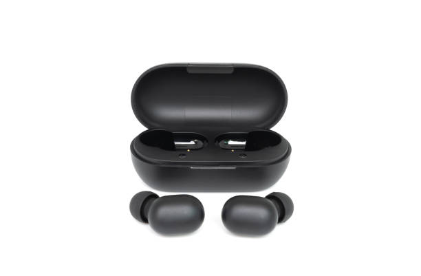 istock Black true wireless earbuds with power bank case on the white isolated background 1178152151