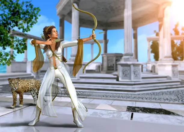 Artemis, enchanting Ancient Greek goddess of the hunt, in shooting pose with bow and arrow, 3d render painting