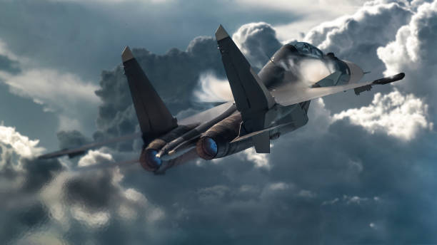 istock Modern jet fighter at the dark sky next heavy clouds 1178153925
