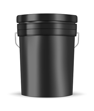 Black glossy metal or plastic bucket with handle isolated on white background, realistic vector mockup illustration. Pail container, template.