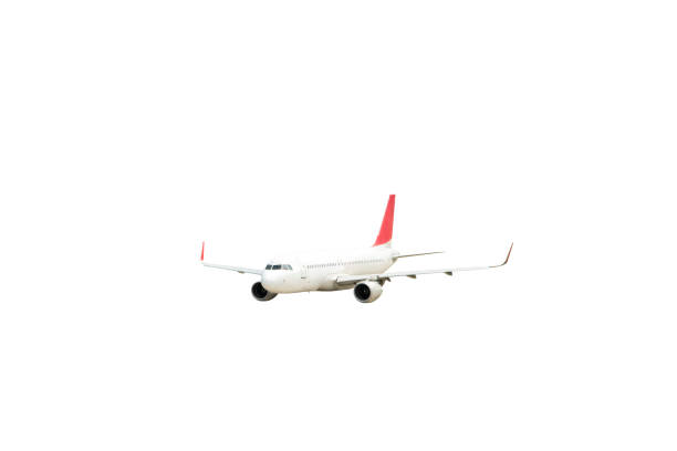 Commercial airplane in flight isolated on white background.