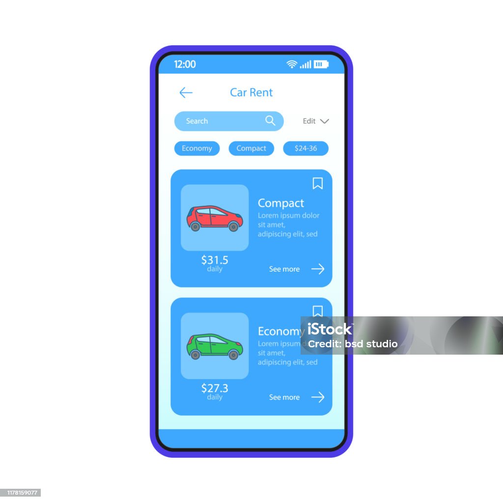 Car Rental Gui Car Rental App Interface Vector Template Stock Illustration - Download ...