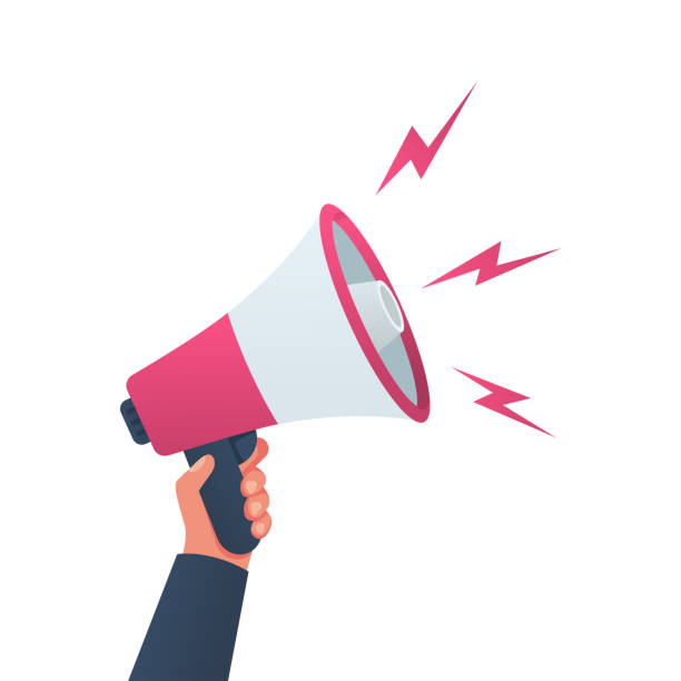 Attention please. Hand hold megaphone. Speaker, loudspeaker Attention please. Hand hold megaphone. Speaker, loudspeaker. Advertising and promotion symbol. Bullhorn cartoon. Social media marketing concept. Vector illustration flat design. Landing page template. loudspeaker stock illustrations