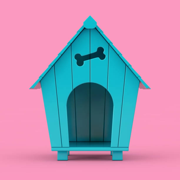 Blue Cartoon Dog House Mockup Duotone. 3d Rendering Blue Cartoon Dog House Mockup Duotone on a pink background. 3d Rendering kennel stock pictures, royalty-free photos & images