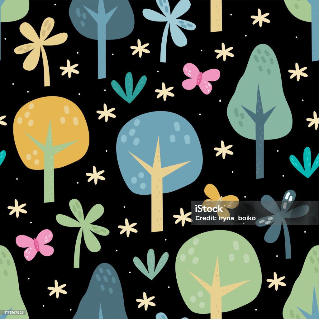 The Vector Illustration Seamless Pattern Of Forest Elements Stock ...