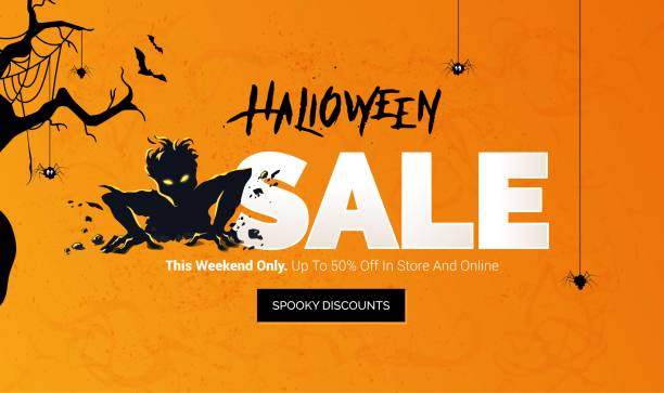 Halloween sale banner. Halloween sale banner. Scary zombie getting out from the ground. Mobile website social media banner, poster, email and newsletter design, ad, promotional material. Vector illustrations discount coupon template silhouette stock illustrations