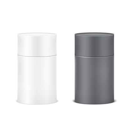 Blank black and white cardboard cylinder box mockup. Paper tube isolated on white background.