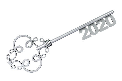 Silver Vintage Key with 2020 year Sign on a white background. 3d Rendering