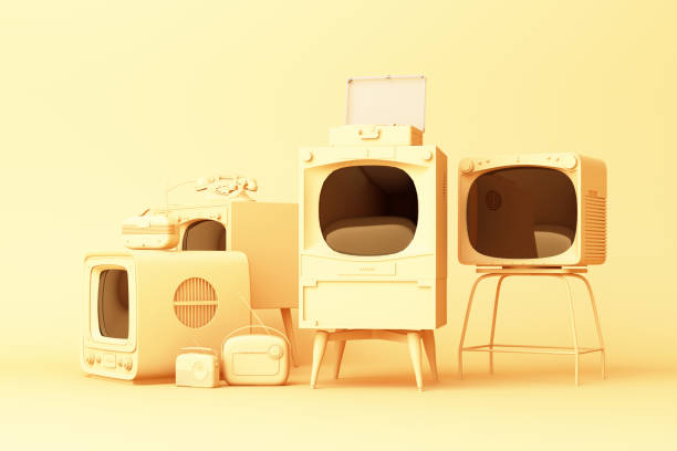 istock Old televisions and vintage radio player on a yellow background. 3D rendering 1178172661