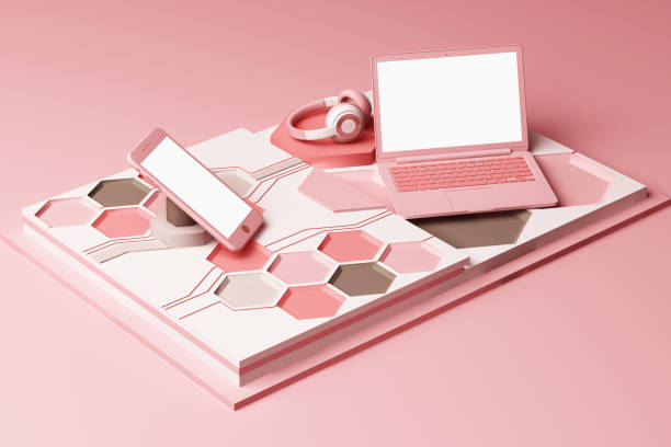 istock Laptop,smartphone and headphone with technology concept abstract composition of geometric shapes platforms in pastel pink tone. 3d rendering 1178172699