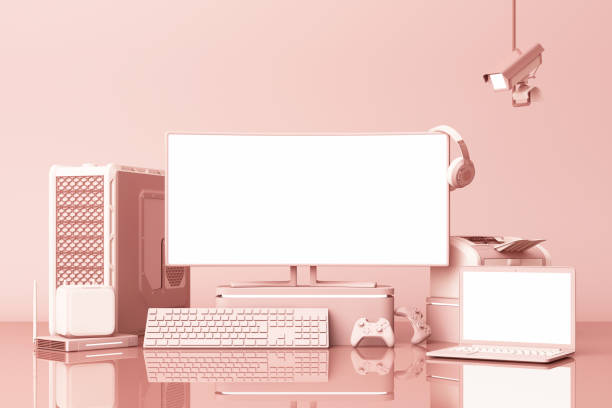istock Computer and loptop white screen with many gadgets on teble in pastel pink tone. 3d rendering 1178172726