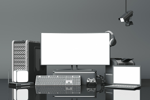 Computer and loptop white screen with many gadgets on teble in dark grey tone. 3d rendering