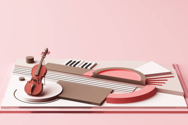 violin and music instrument concept, abstract composition of geometric shapes platforms in pastel pink tone. 3d rendering - piano piano key orchestra close up imagens e fotografias de stock