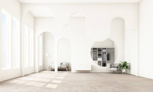 istock Abstract interior design.living area and bedroom with architectural elements in white tone, circular arc, round opening and concrete floor.3d rendering 1178173077