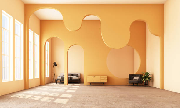 istock Abstract interior design.living area and bedroom with architectural elements in yellow tone, circular arc, round opening and concrete floor.3d rendering 1178173080