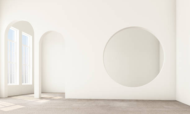 추상적인 인테리어 디자인.거실 과 침실 흰색 톤, 원형 아크, 둥근 개구부 및 콘크리트 바닥의 건축 요소.3d 렌더링 - arch top 뉴스 사진 이미지
