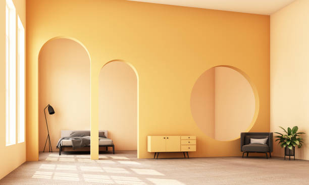 istock Abstract interior design.living area and bedroom with architectural elements in yellow tone, circular arc, round opening and concrete floor.3d rendering 1178173103