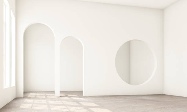 istock Abstract interior design.living area and bedroom with architectural elements in white tone, circular arc, round opening and concrete floor.3d rendering 1178173106