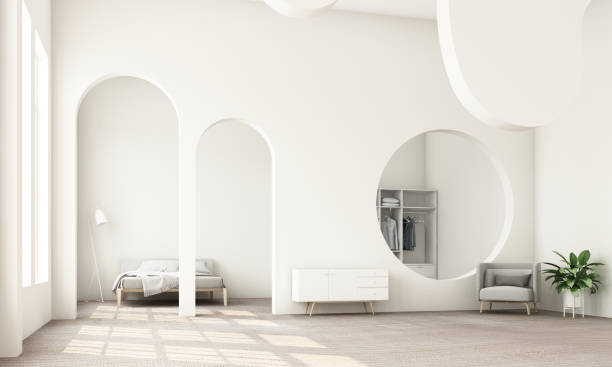 Abstract interior design.living area and bedroom with architectural elements in white tone, circular arc, round opening and concrete floor.3d rendering
