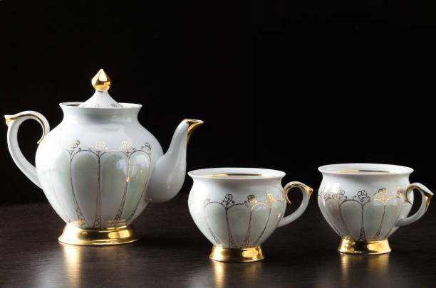 istock Elegant white tea set on dark background 1178174960