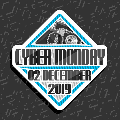 Vector label for Cyber Monday, rhombus futuristic sign board with original font for words cyber monday, 02 december 2019, modern concept for season sale on gray background, pricetag for hi tech market.