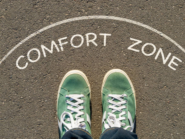 comfort zone photo on top of the sneakers and the inscription comfort zone on the asphalt, the concept of personal private space courage stock pictures, royalty-free photos & images