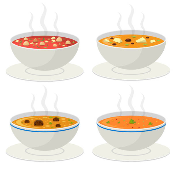 ilustraciones, imágenes clip art, dibujos animados e iconos de stock de ilustración de diseño vectorial de sopa de verduras calientes aislada sobre fondo blanco - cooked soup food bowl