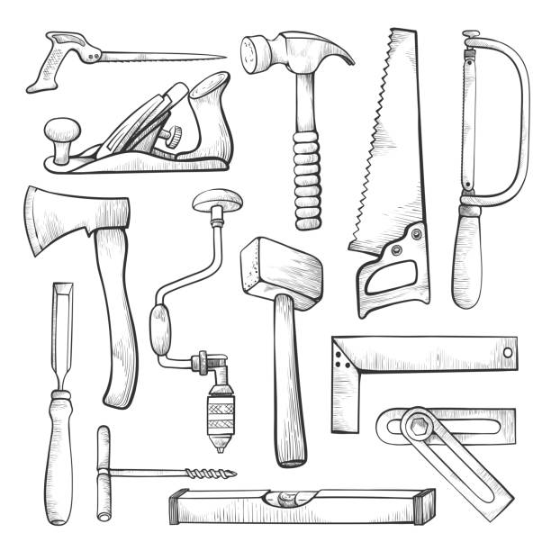 ilustrações de stock, clip art, desenhos animados e ícones de carpentry professional tools hand drawn illustrations set - diy craft