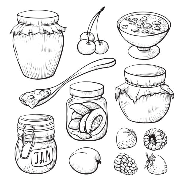 ilustrações de stock, clip art, desenhos animados e ícones de fruit and berry jam hand drawn illustrations set - frasco comida biologica