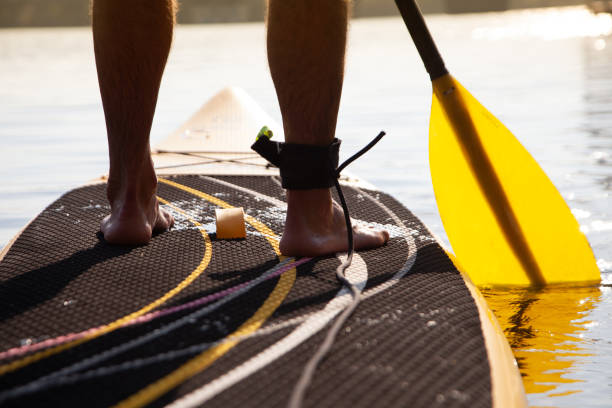 Paddleboarding on lake during sunset Man stand up on standup paddle board with yellow paddle, close-up view paddleboard photos stock pictures, royalty-free photos & images