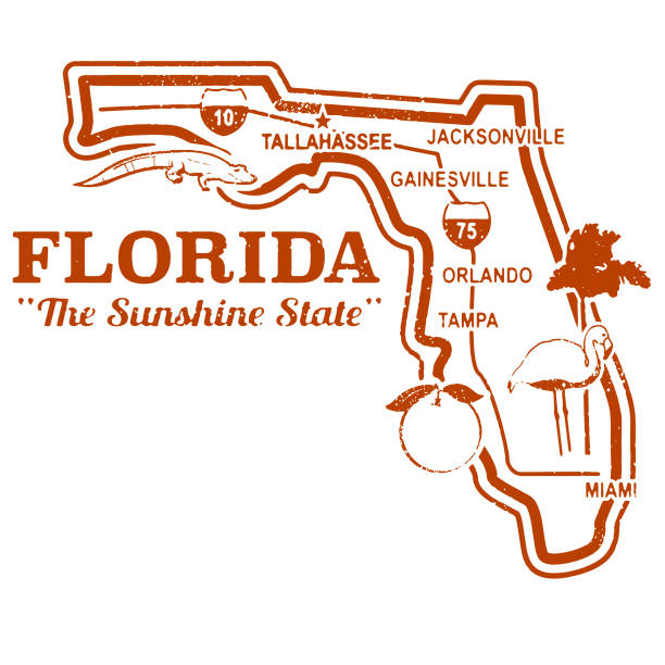 retro florida stan mapa znaczek - florida state stock illustrations