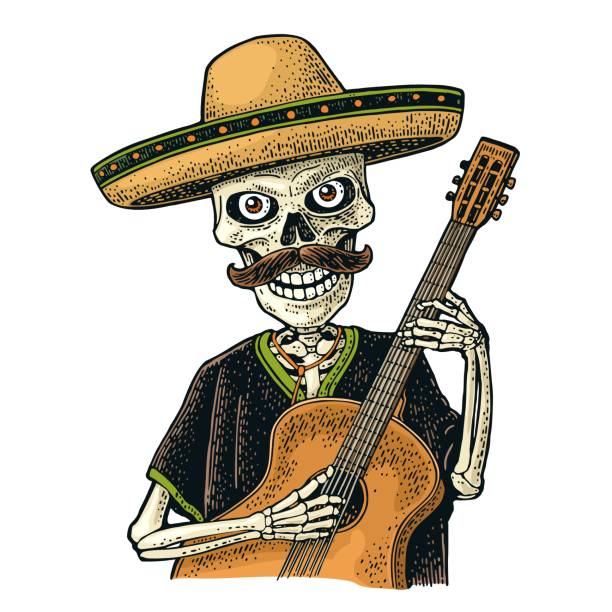 ilustrações, clipart, desenhos animados e ícones de esqueleto vestido no poncho, sombrero que joga a guitarra. gravura do vintage do vetor - ballad