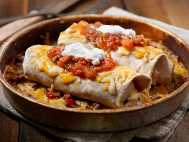 Authentic Mexican burrito with sour cream jalapeno and cilantro