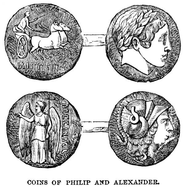 Gold Stater Coins of Alexander the Great and Philip II of Macedon - 4th Century BC Ancient Greek gold stater coins of [top] Philip II of Macedon and [bottom] Alexander the Great (circa 359-323 BC). Vintage etching circa mid 19th century. 4th century bc stock illustrations