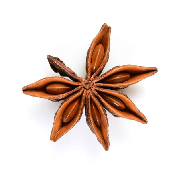istock Star anise. Single star anise fruit. Macro close up Isolated on white square background with shadow, top view of chinese badiane spice or Illicium verum. 1178194372