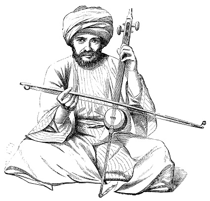 Musician playing a Kamancheh bowed string instrument in Iran. Vintage etching circa mid 19th century.